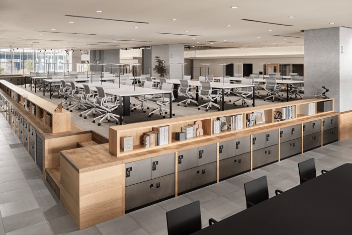 段差と天井の高低差で意識を切り替え、集中を促す執務エリア