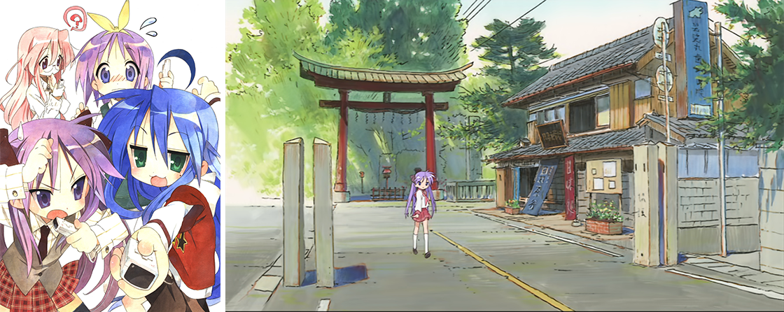 >“Lucky Star,” one of first anime to have fans visiting sites in the anime, “anime pilgrimage” (left). The same landscape as the opening scene (right)