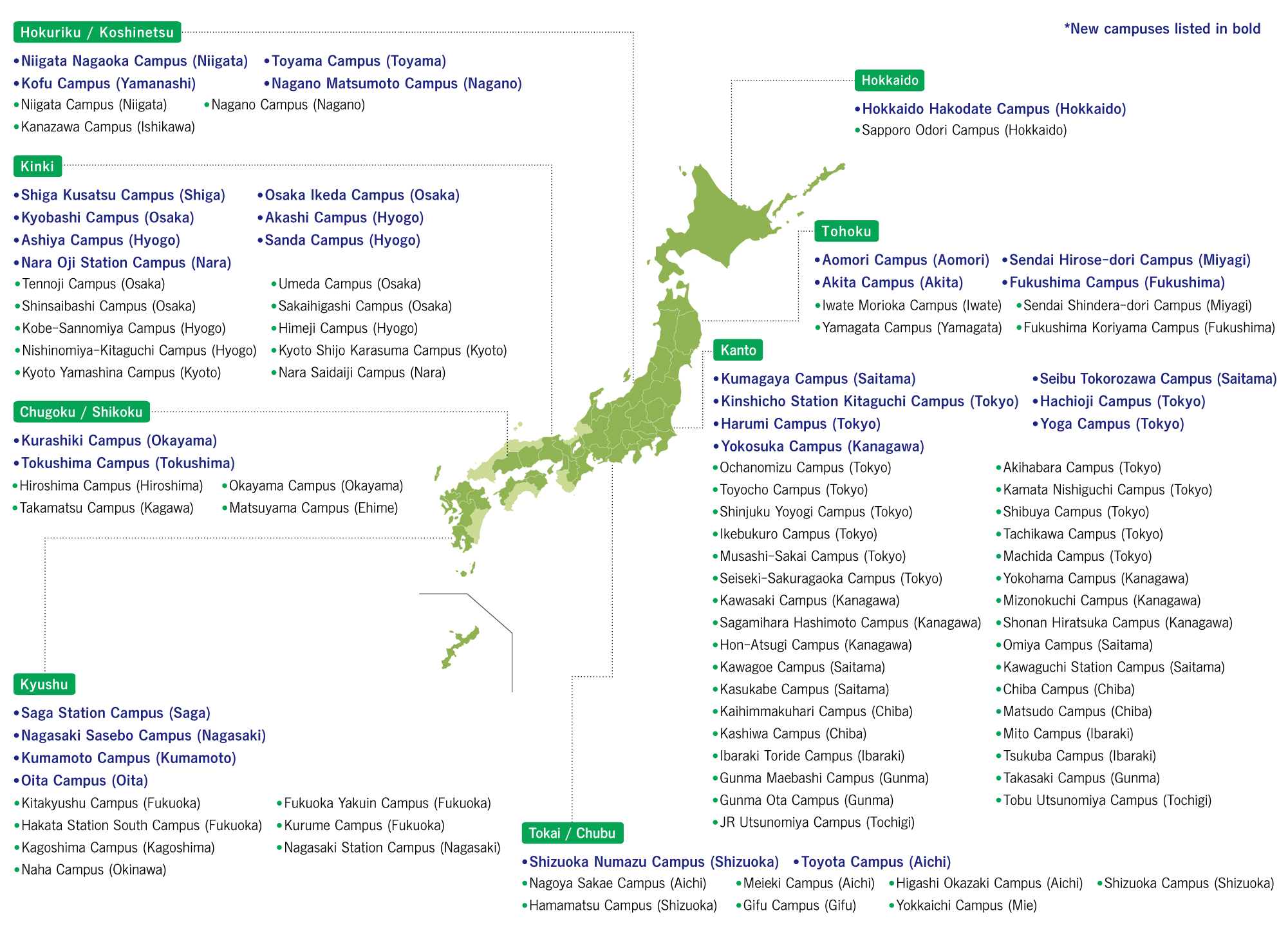 Map of Japan(The N High School Group-The Commuter Course, offered at 100 locations nationwide, and the Online Commuting Course)